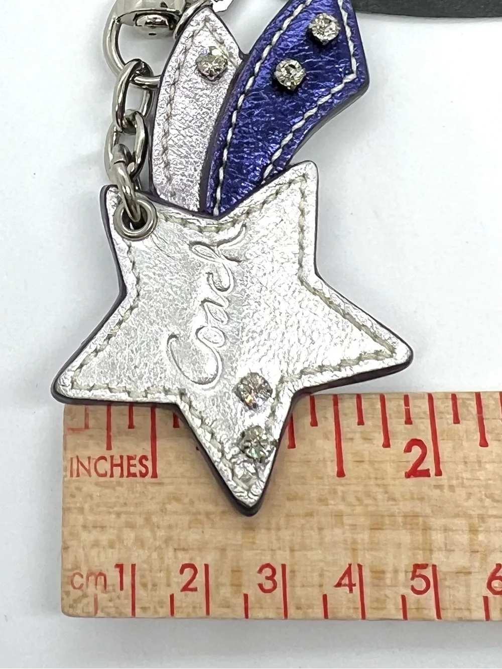 Authentic Coach Shooting Star Metallic Leather Rhinestone Bag Charm Keychain